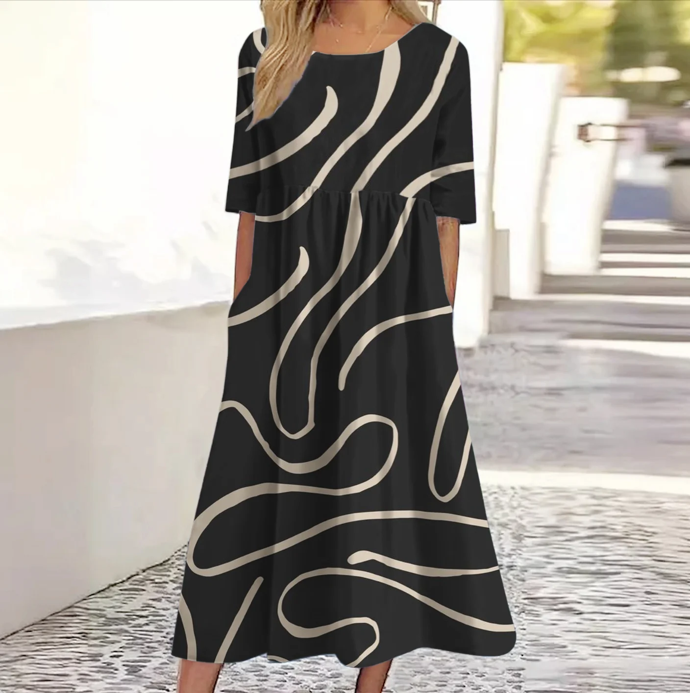 Femmes Floral Noir Col Rond Confortable Robe Maxi Décontracté