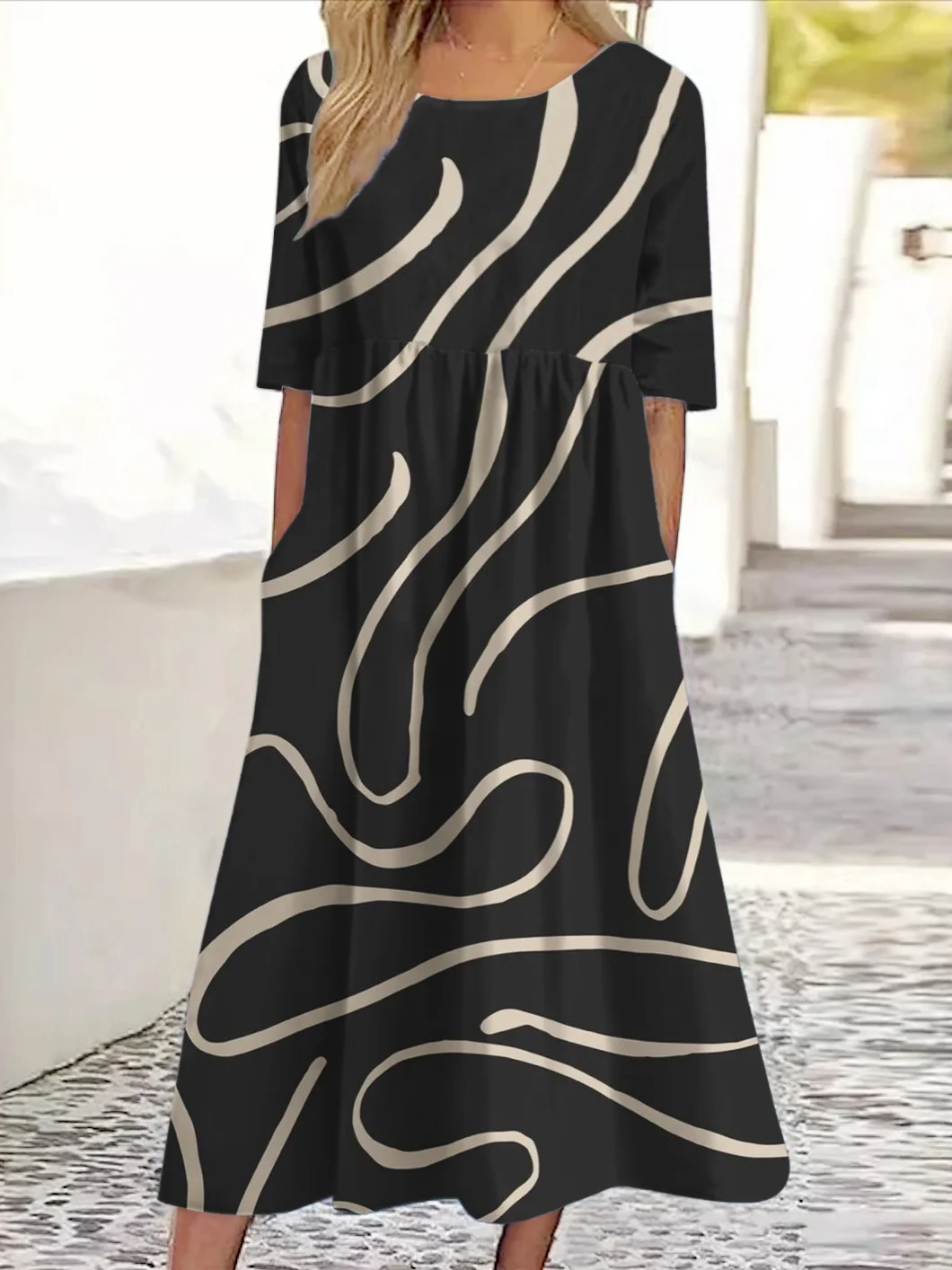Femmes Floral Noir Col Rond Confortable Robe Maxi Décontracté