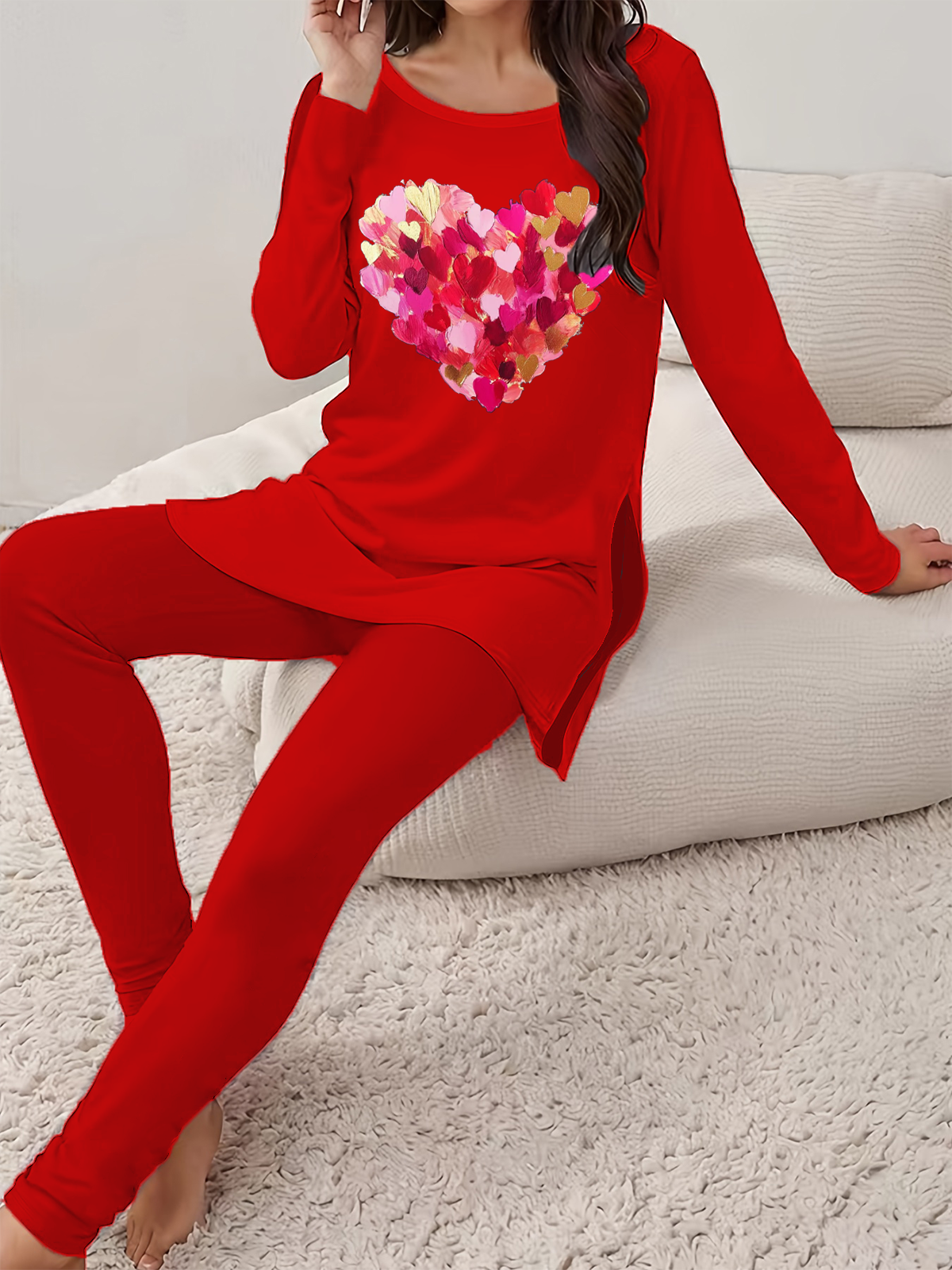 Deux Pièces Ensembles Femmes Décontracté Printemps / Automne Coeur/cordé Naturel Aucune élasticité Jersey Col Rond Top Avec Pantalons Régulier