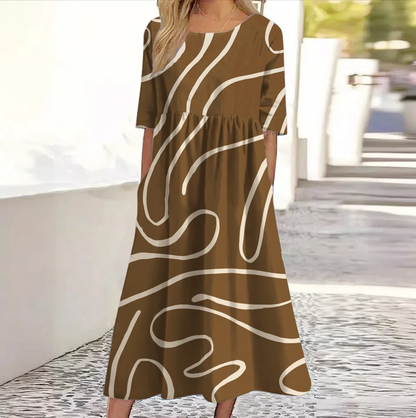 Femmes Floral Noir Col Rond Confortable Robe Maxi Décontracté