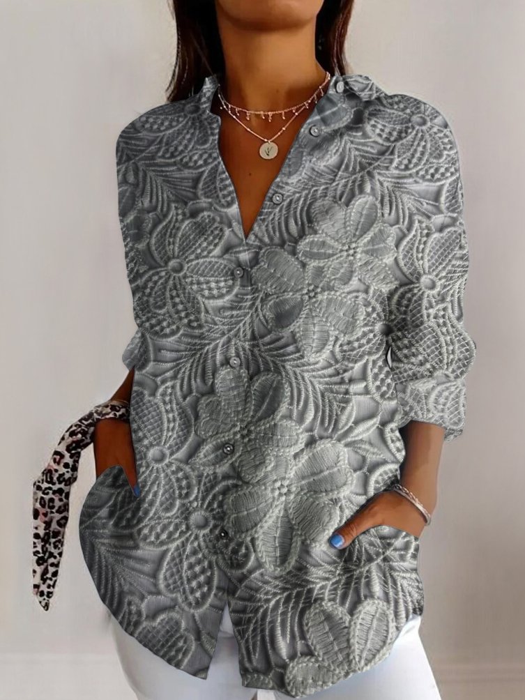 Chemises Géométrique Décontracté Printemps / Automne Polyester Micro-élasticité Coupe Régulière Manches Longues Trapèze Col de Chemise pour Femmes