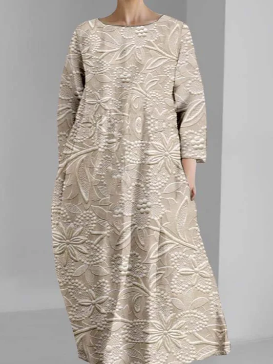 Femmes impression en 3D Gruau Col Rond Confortable Robe Maxi Rétro