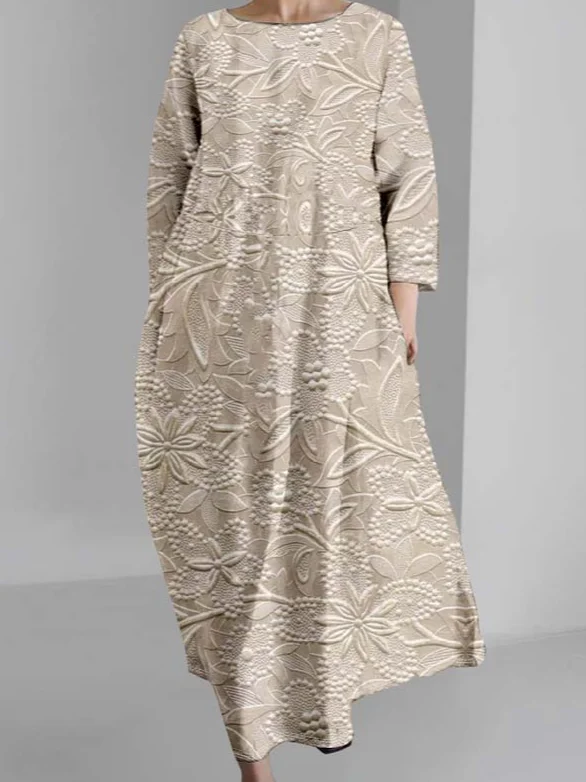 Femmes impression en 3D Gruau Col Rond Confortable Robe Maxi Rétro