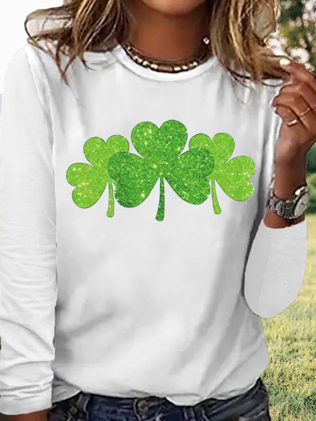 T-shirts Rétro Printemps / Automne trèfle Micro-élasticité Vacances Manches Longues Col Rond Régulier Régulier pour Femmes