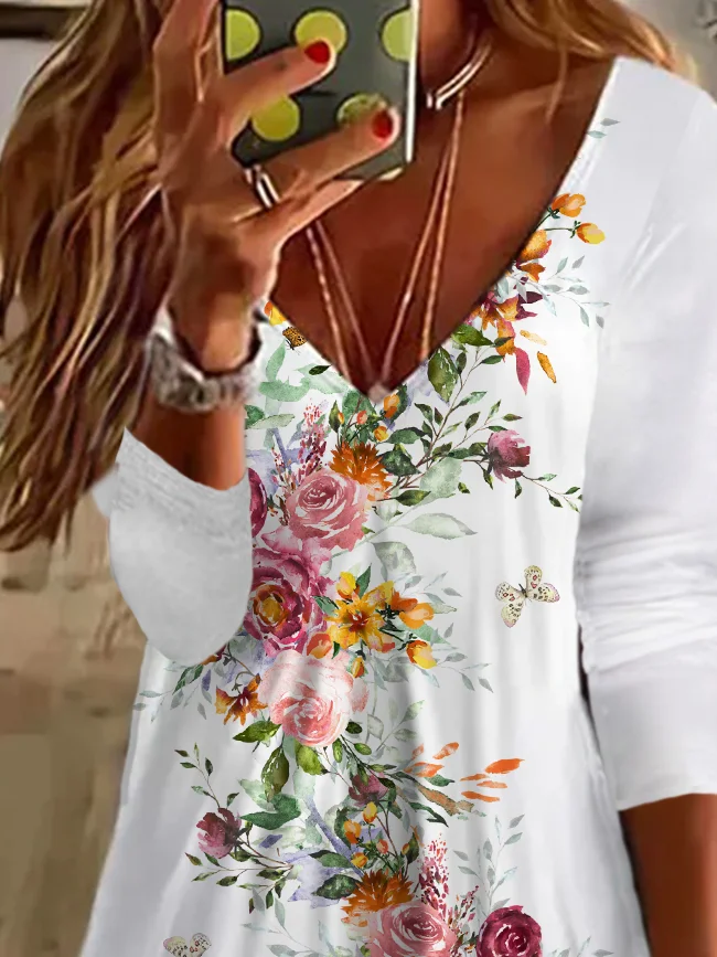 Femmes Floral Blanc Col V Confortable Imprimé Robe Mi-Longue Décontracté