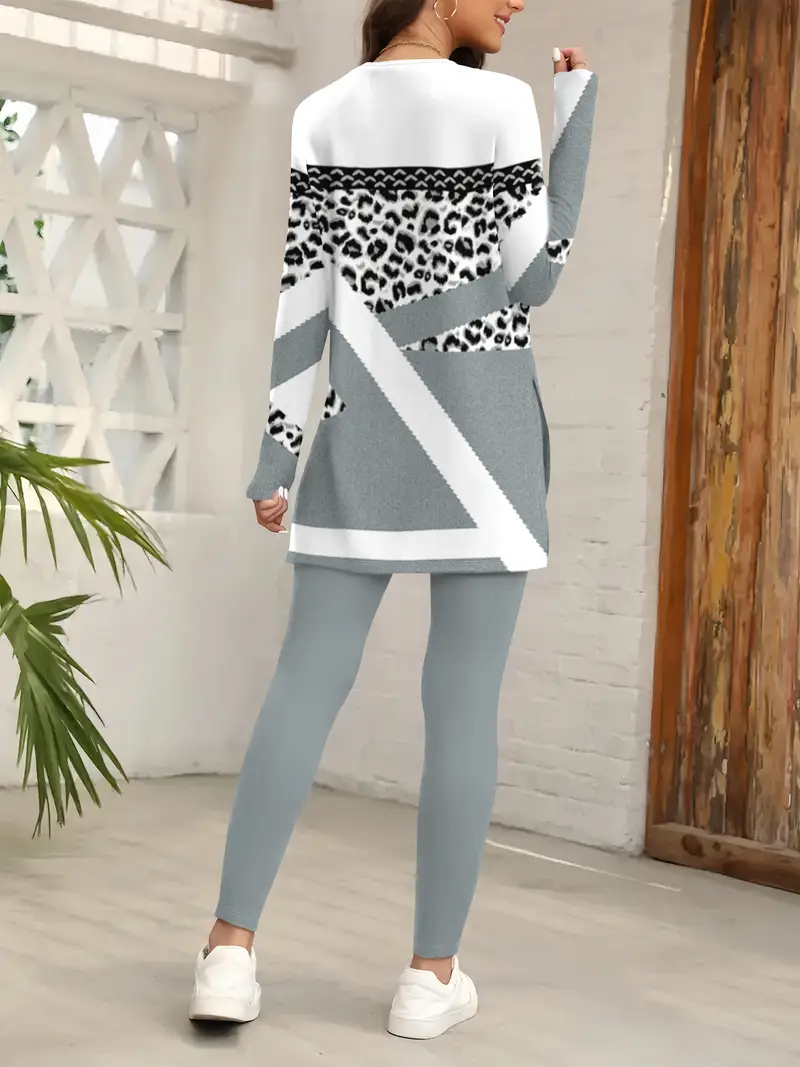 Deux Pièces Ensembles Femmes Géométrique Décontracté Printemps / Automne Ample Jersey Manches Longues Top Avec Pantalons Droit 2025POD