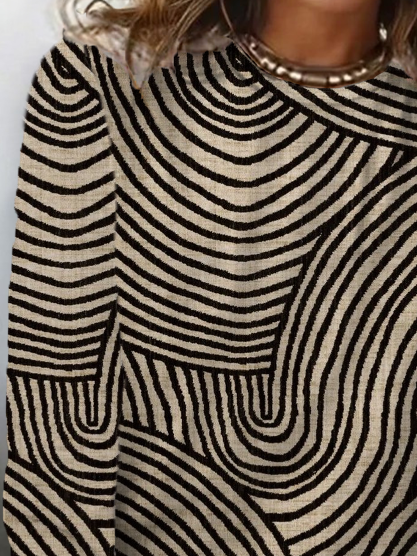 T-shirts Décontracté Printemps / Automne Abstrait Rayé Imprimé Micro-élasticité Ample Jersey Col Rond Régulier pour Femmes