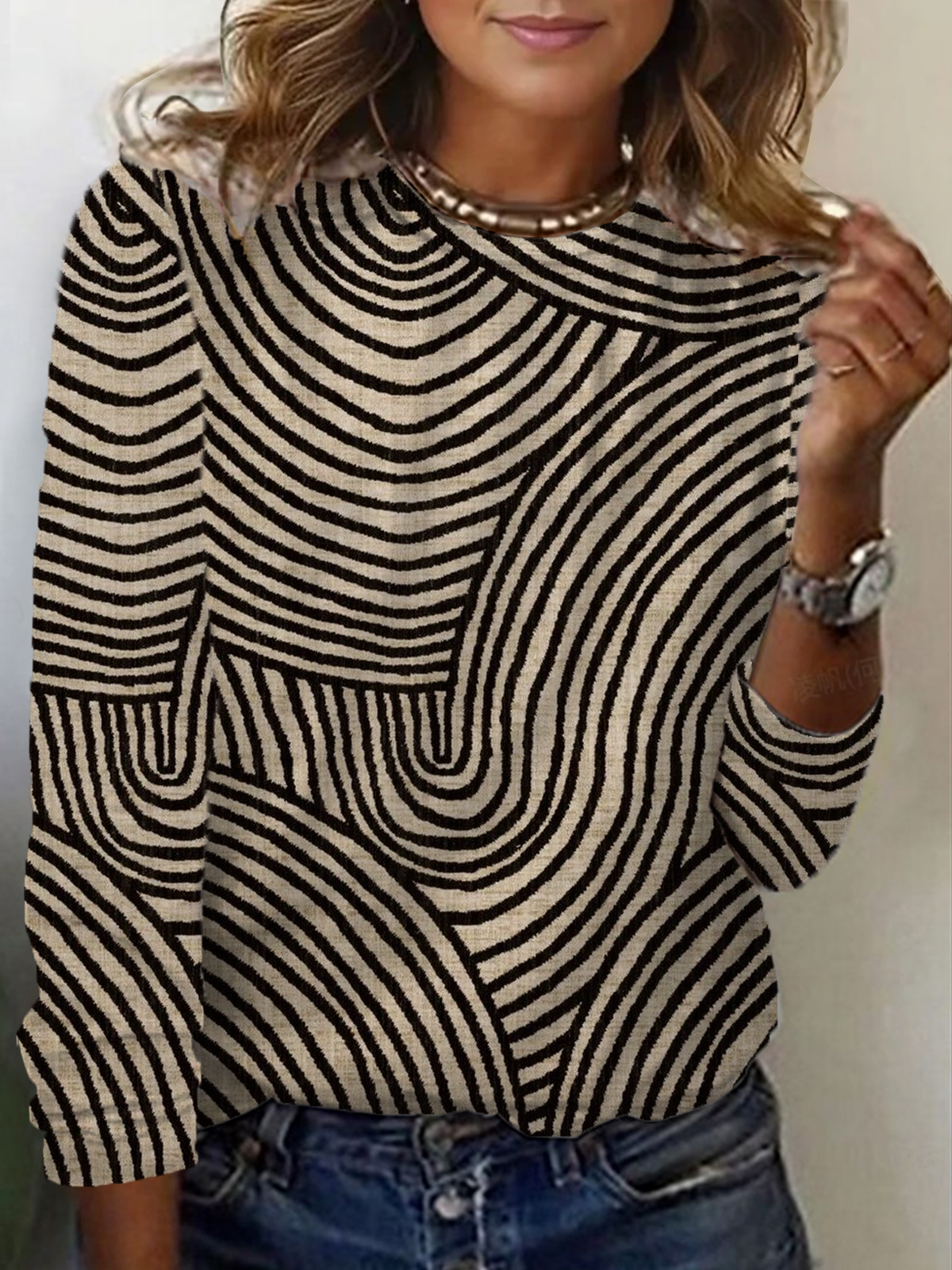 T-shirts Décontracté Printemps / Automne Abstrait Rayé Imprimé Micro-élasticité Ample Jersey Col Rond Régulier pour Femmes