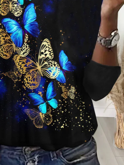 T-shirts Décontracté Printemps / Automne Papillon Imprimé Jersey Col Rond Régulier Droit Régulier pour Femmes