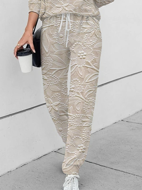Deux Pièces Ensembles Femmes Décontracté Floral Printemps / Automne Cordon de Serrage Micro-élasticité Quotidien Taille Moyenne Manches Longues Top Avec Pantalons
