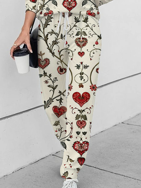 Deux Pièces Ensembles Décontracté Floral Printemps / Automne Cordon de Serrage Quotidien Taille Moyenne Col Rond Top Avec Pantalons Droit pour Femmes