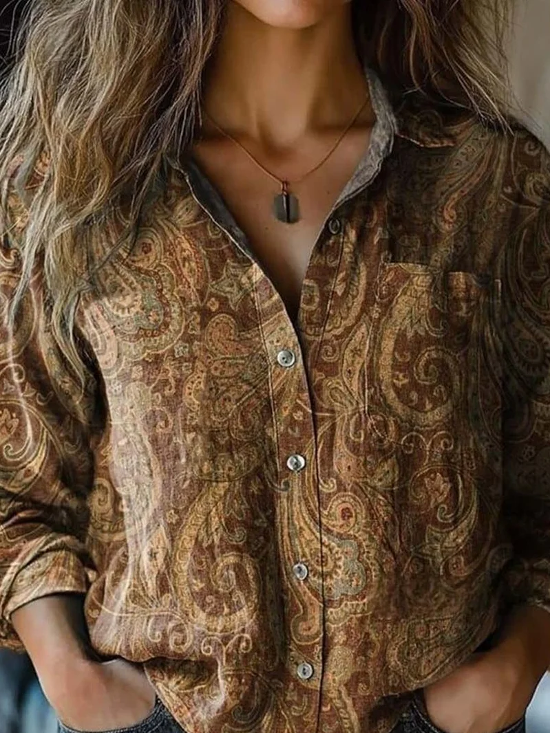 Chemises Femmes Ethnique Motif Cachemire Printemps / Automne Polyester Micro-élasticité Manches Longues Col Châle Régulier Droit