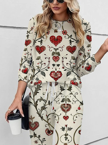 Deux Pièces Ensembles Décontracté Floral Printemps / Automne Cordon de Serrage Quotidien Taille Moyenne Col Rond Top Avec Pantalons Droit pour Femmes