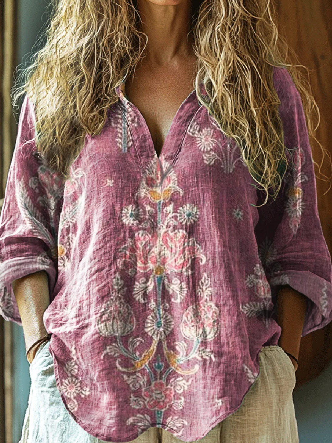 Chemises Simple Floral Printemps / Automne Col V Aucune élasticité Ample en Mélangé de Coton Régulier Trapèze pour Femmes