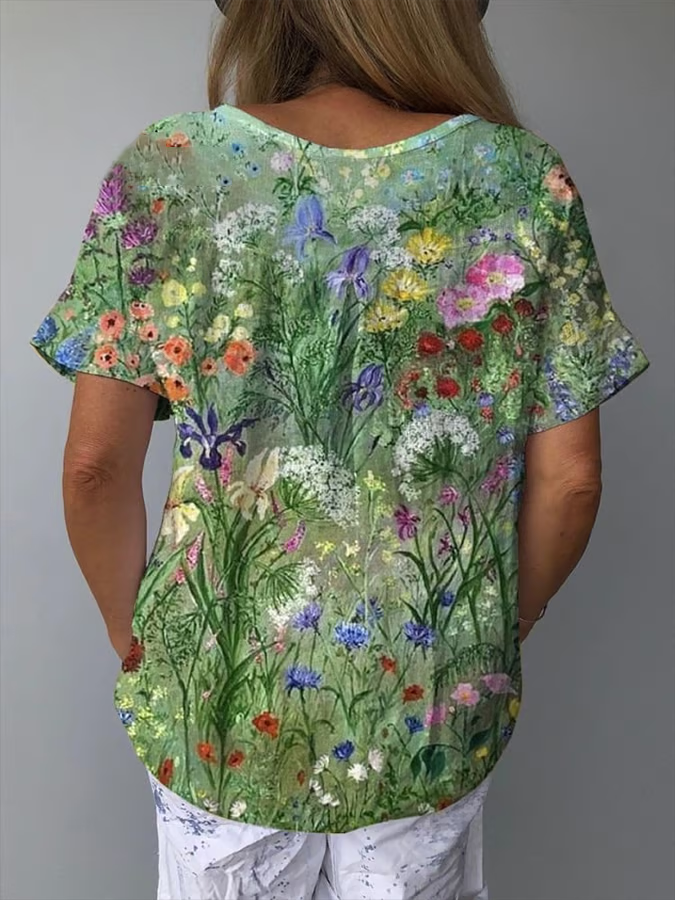 Blouses Décontracté Floral Été Coton Aucune élasticité Manches Courtes Régulier Droit Régulier pour Femmes