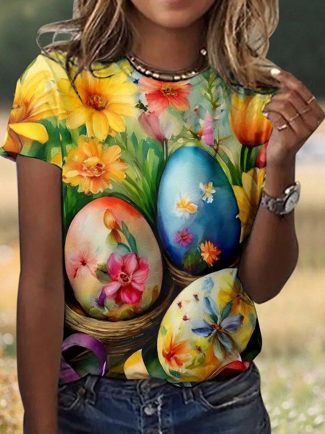 T-shirts Femmes Décontracté Floral Été Coton Micro-élasticité Vacances Manches Courtes Col Rond Régulier