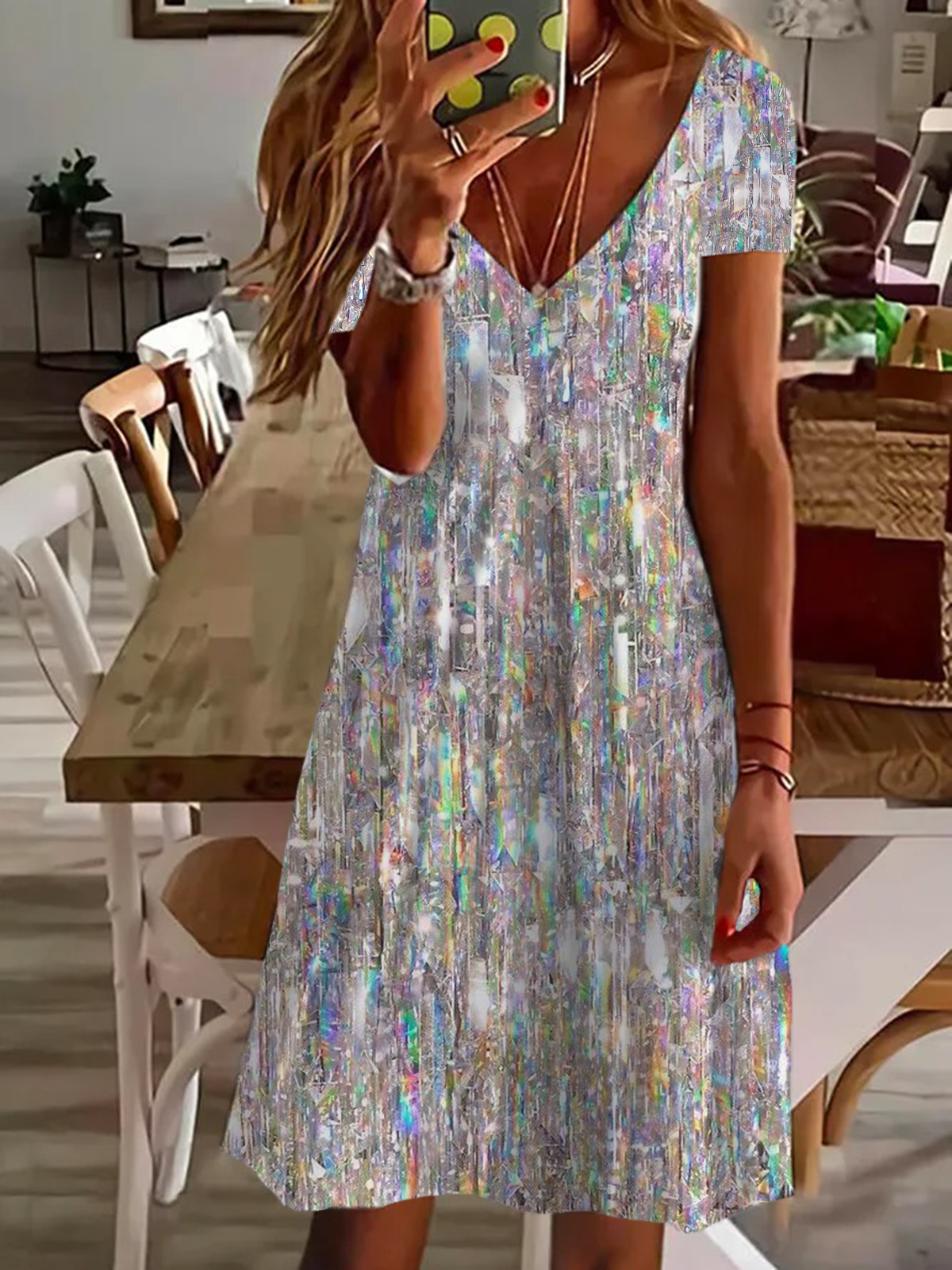 Femmes Ombre Comme Image Col V Confortable Robe de Longueur Au Genou Décontracté