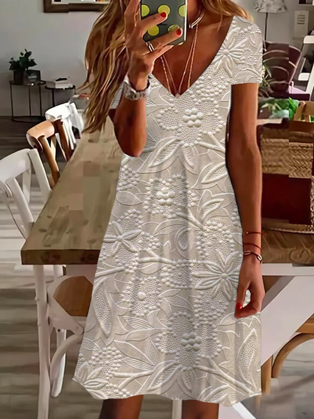 Femmes Floral Abricot Col V Confortable Imprimé Robe de Longueur Au Genou Décontracté