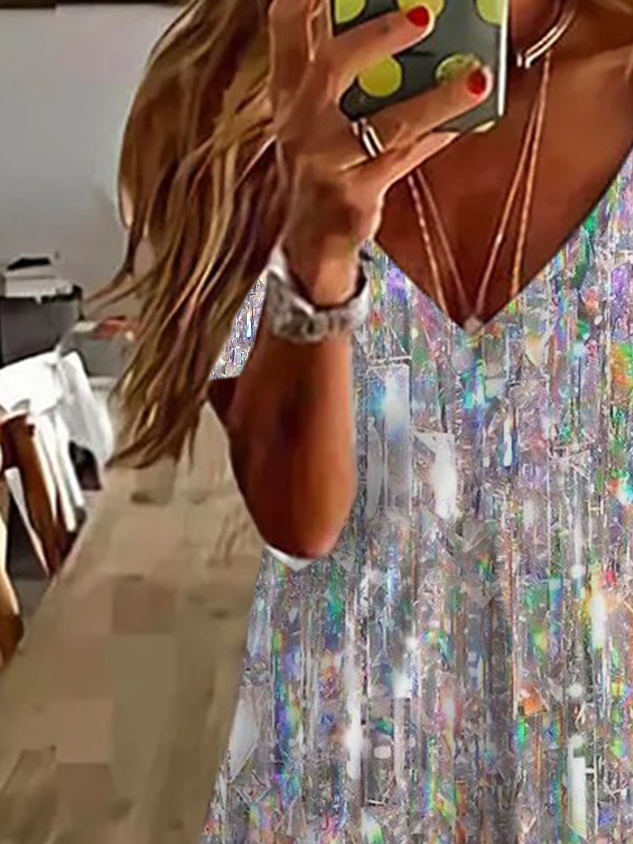 Femmes Ombre Comme Image Col V Confortable Robe de Longueur Au Genou Décontracté
