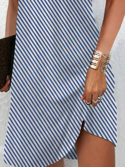 Femmes Rayé Bleu Entaillé Confortable Imprimé Mini Robe Décontracté
