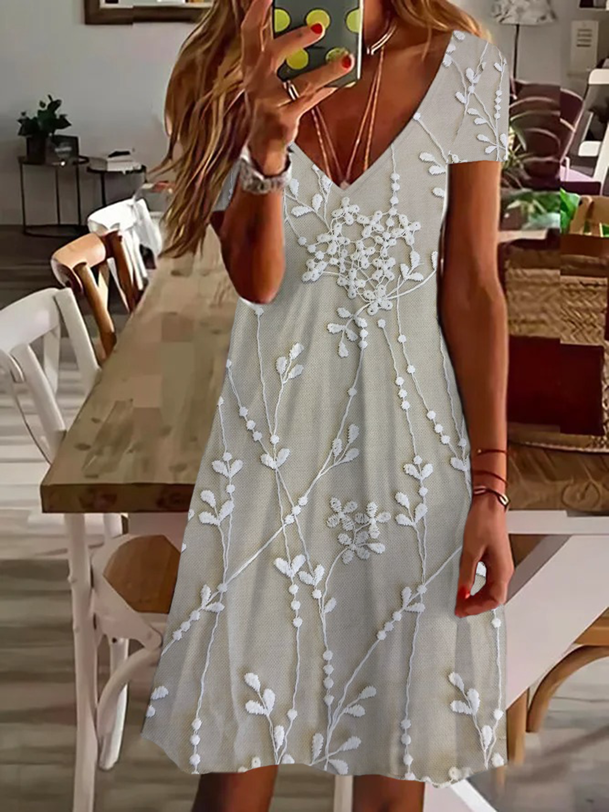 Femmes Floral Comme Image Col V Confortable Imprimé Robe de Longueur Au Genou Décontracté