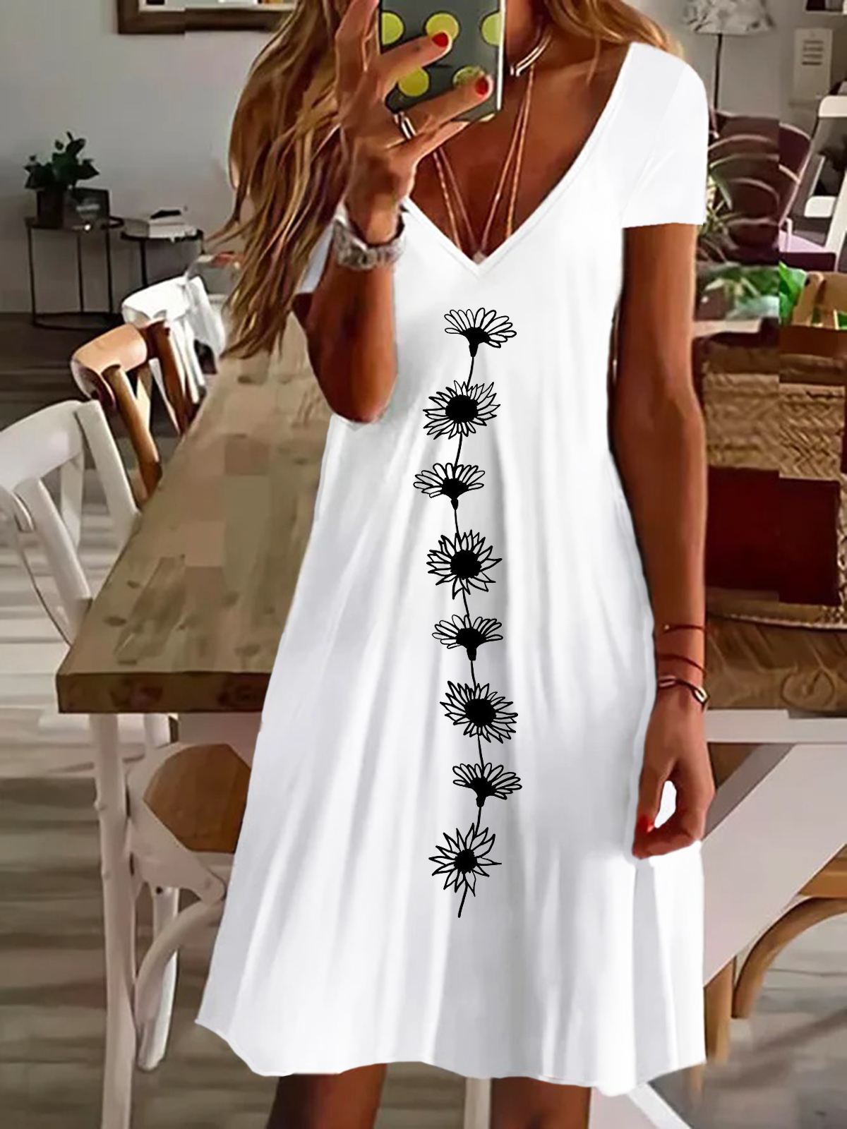 Femmes Floral Blanc Col V Confortable Imprimé Robe de Longueur Au Genou Décontracté