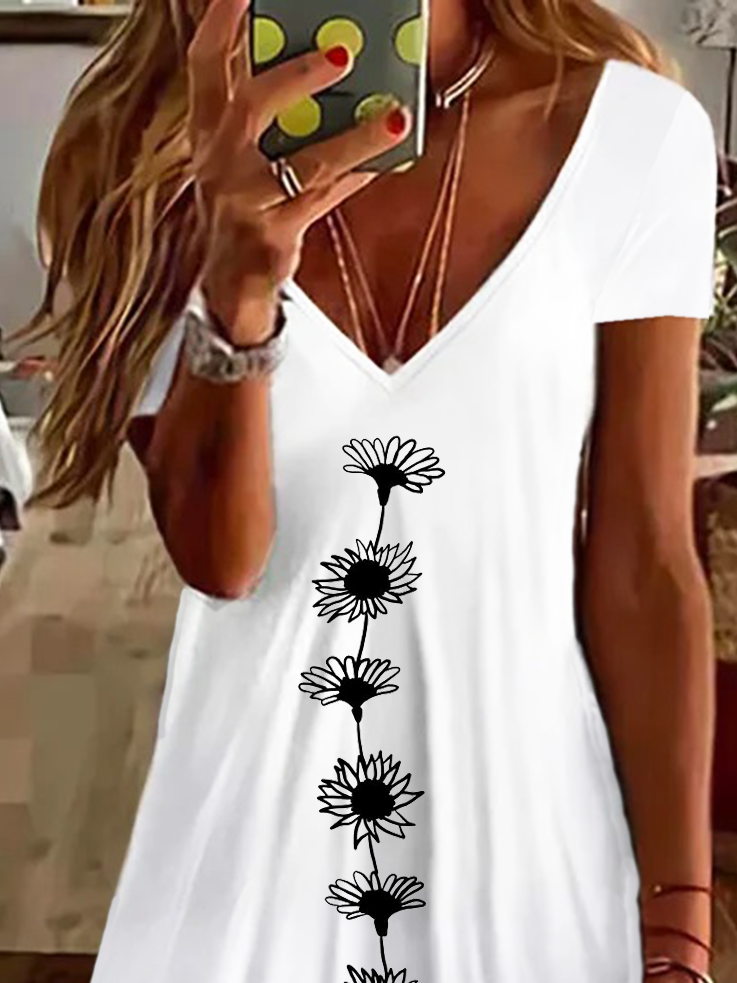 Femmes Floral Blanc Col V Confortable Imprimé Robe de Longueur Au Genou Décontracté