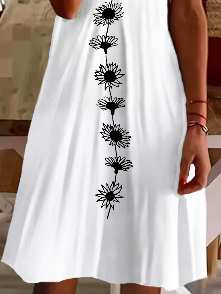 Femmes Floral Blanc Col V Confortable Imprimé Robe de Longueur Au Genou Décontracté
