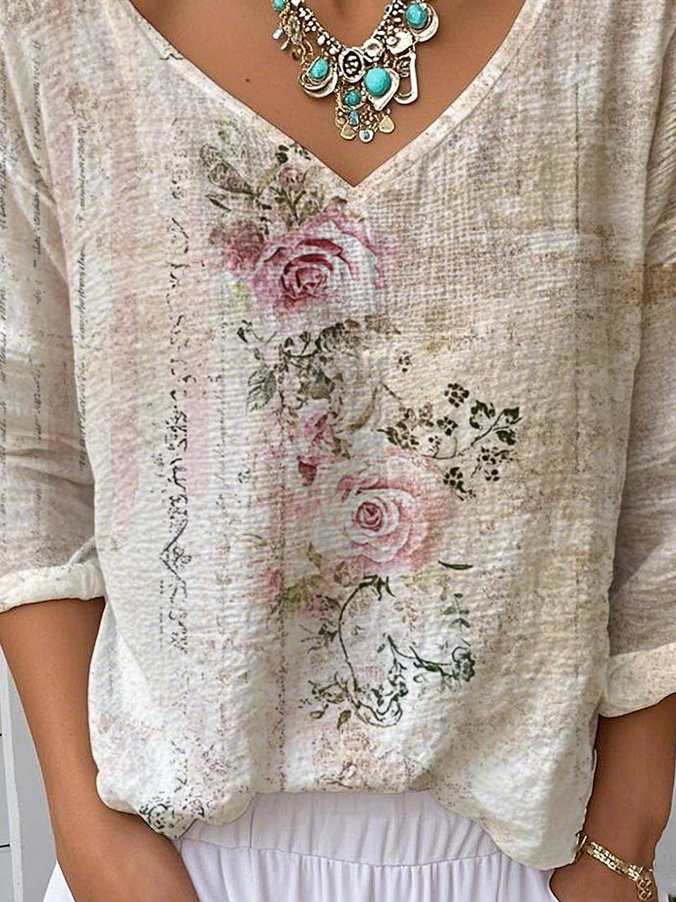 T-shirts Rétro Printemps / Automne impression en 3D Col V Aucune élasticité Quotidien Jersey Manches Longues 2025POD pour Femmes