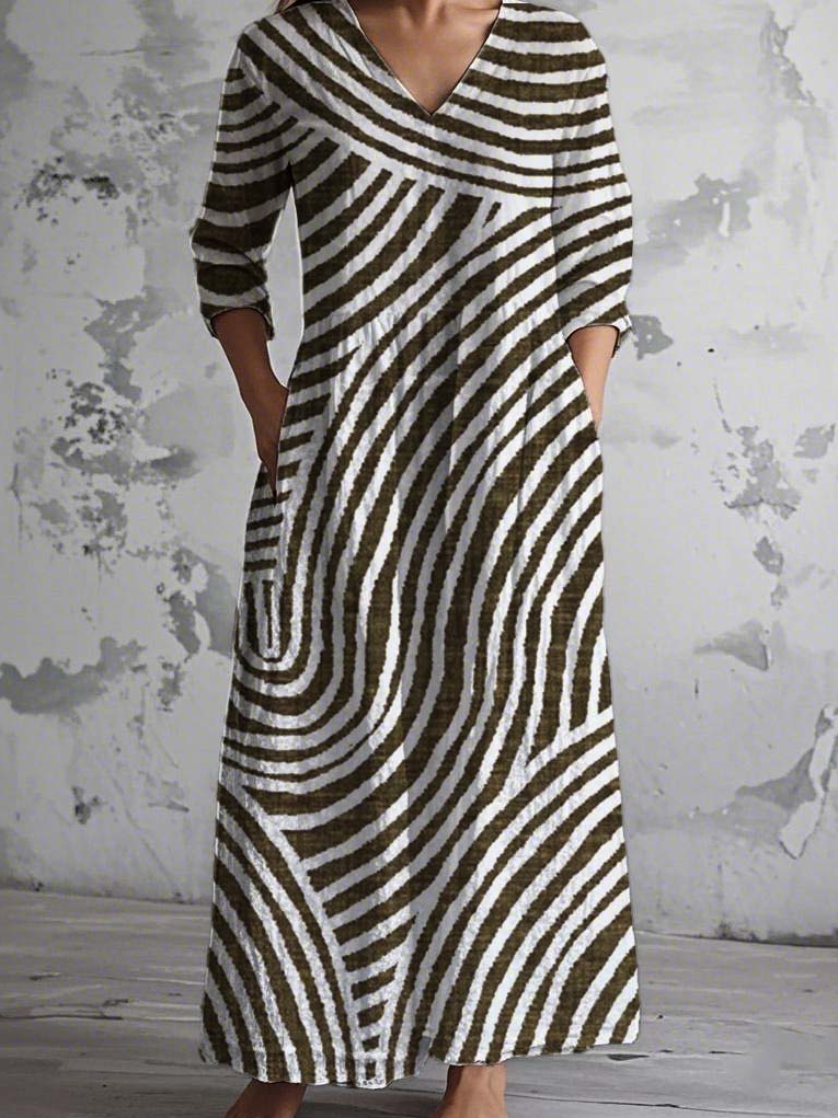 Femmes Rayé Noir Col V Confortable Robe Maxi Rétro