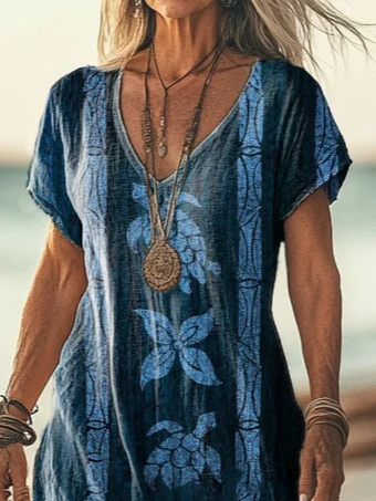 Femmes Marin Vie Comme Image Col V Confortable Imprimé Robe Maxi Décontracté