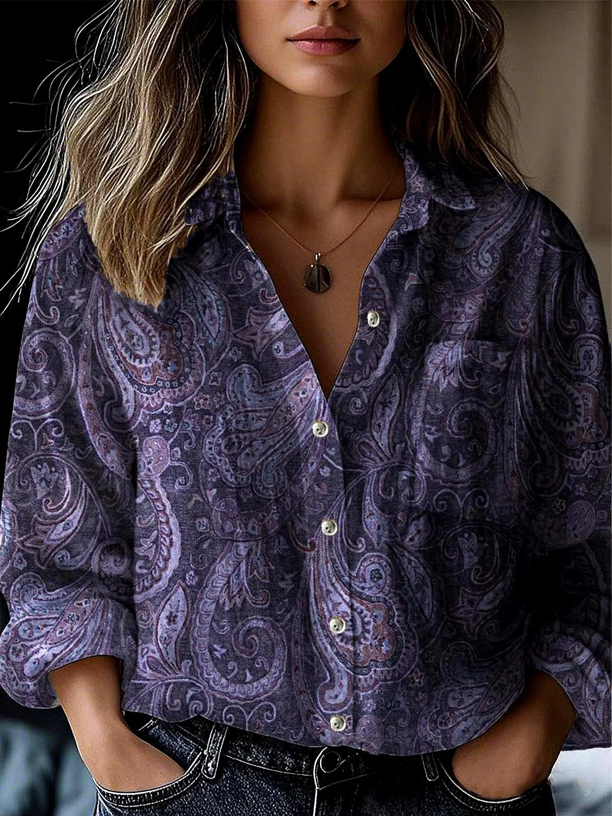 Chemises Femmes Ethnique Motif Cachemire Printemps / Automne Polyester Micro-élasticité Manches Longues Col Châle Régulier Droit