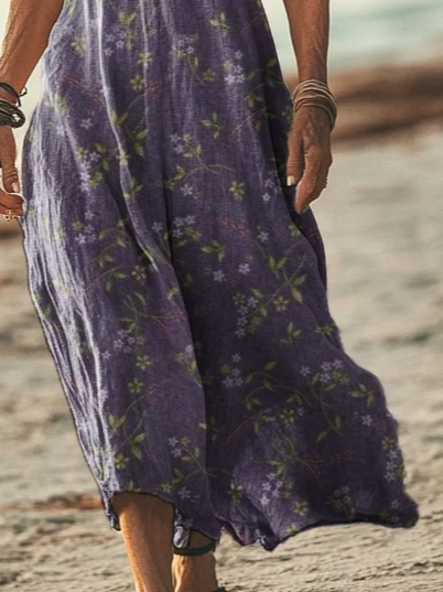 Femmes Floral Violet Col V Confortable Imprimé Robe Maxi Décontracté