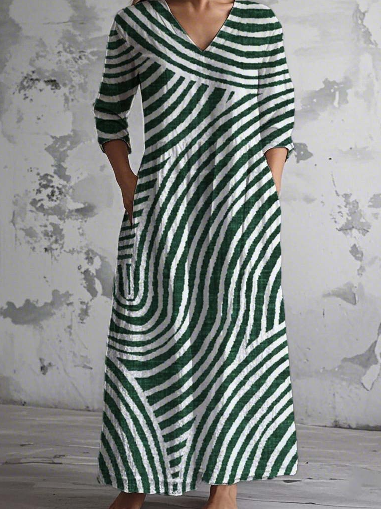Femmes Rayé Noir Col V Confortable Robe Maxi Rétro