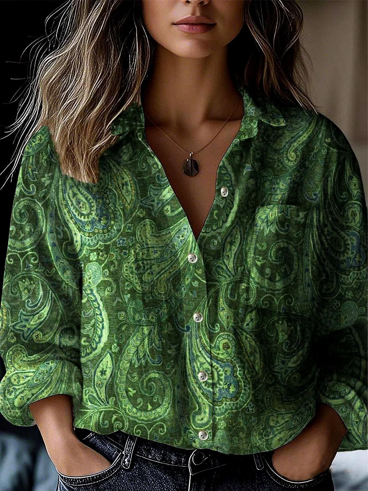 Chemises Femmes Ethnique Motif Cachemire Printemps / Automne Polyester Micro-élasticité Manches Longues Col Châle Régulier Droit