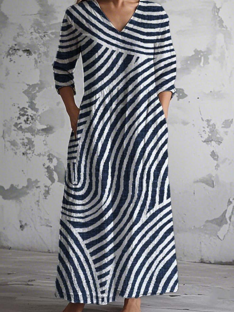 Femmes Rayé Noir Col V Confortable Robe Maxi Rétro
