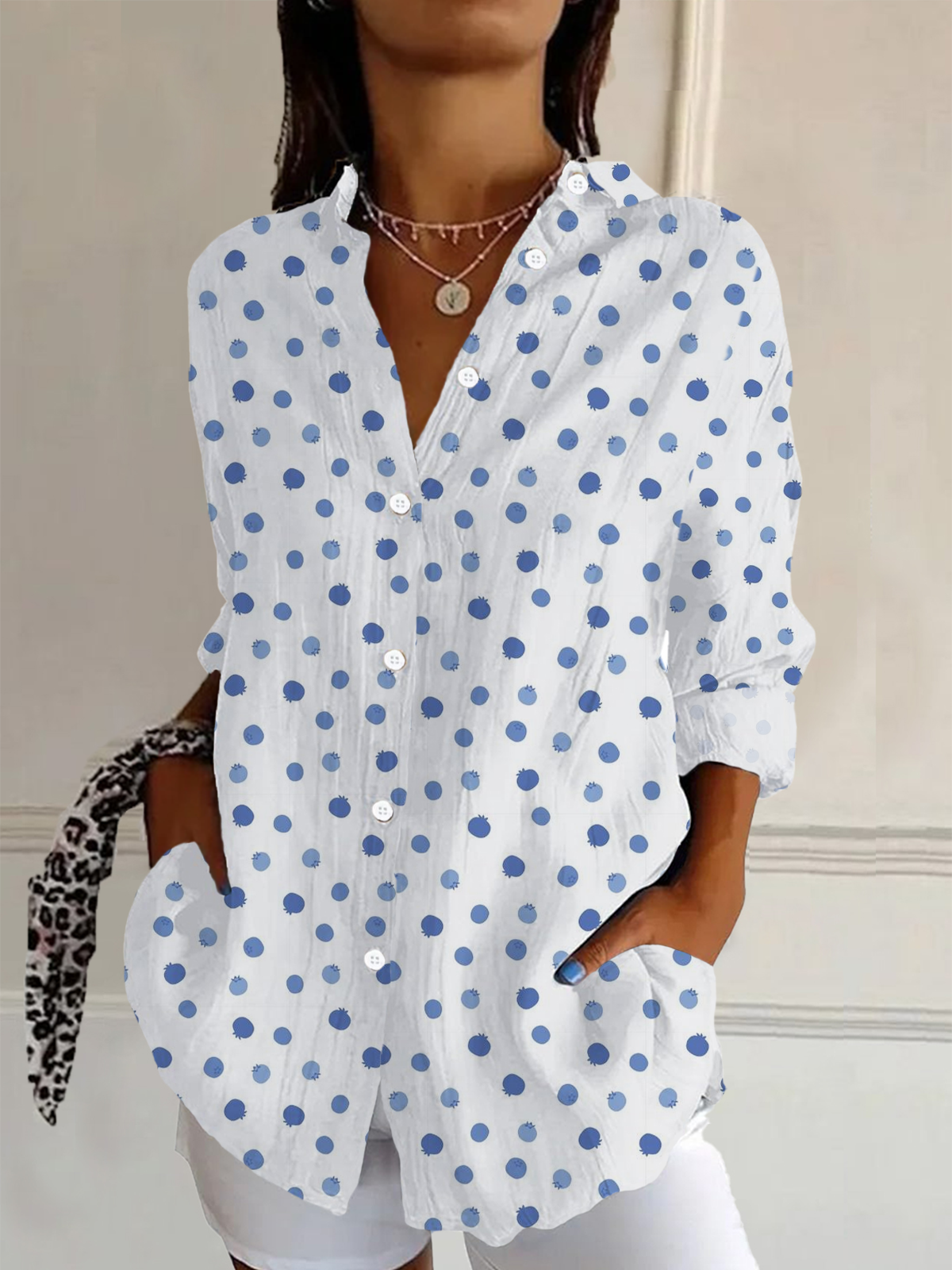 Chemises Femmes Pois Polka Décontracté Printemps / Automne Polyester Ample Droit Boucle Col de Chemise T.-N.-L.