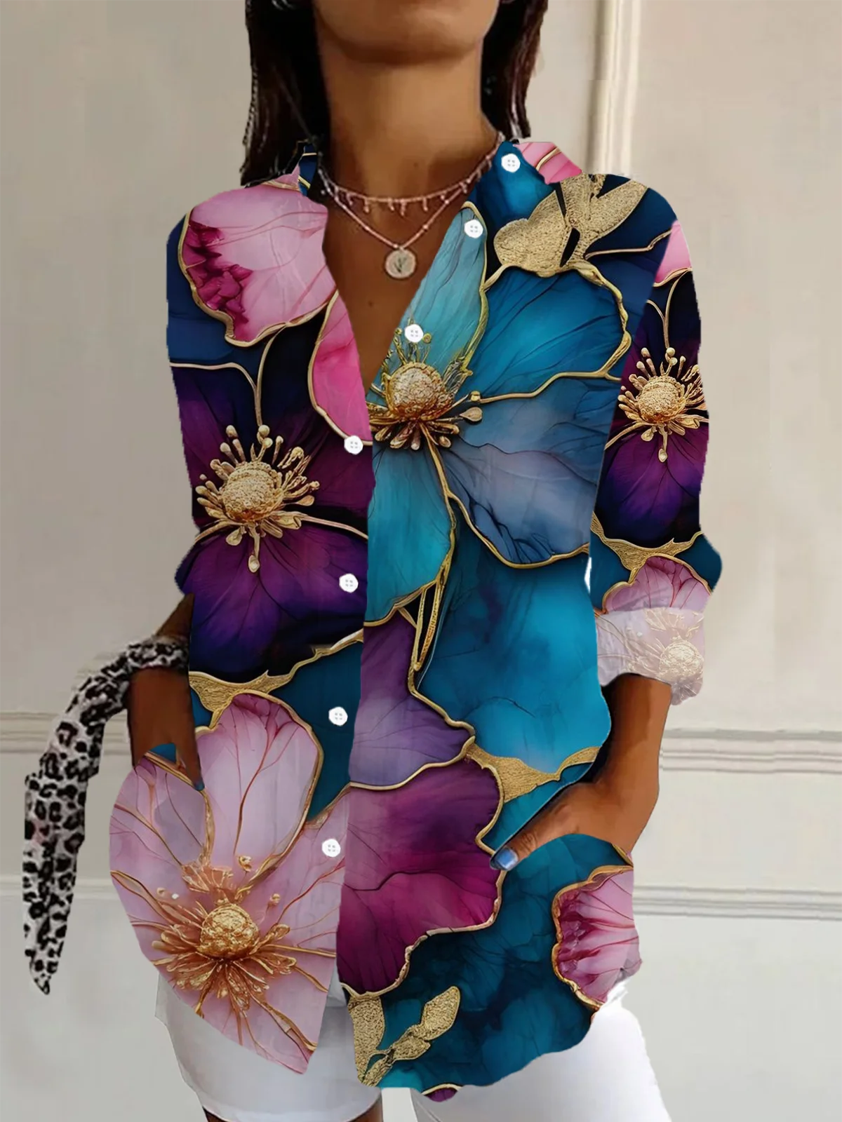 Chemises Décontracté Floral Printemps / Automne Quotidien Manches Longues Régulier Droit Boucle Régulier pour Femmes
