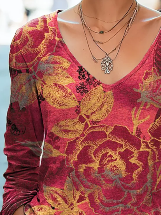 T-shirts Décontracté Floral Printemps / Automne Col V Aucune élasticité Coupe Régulière Jersey Manches Longues Régulier pour Femmes
