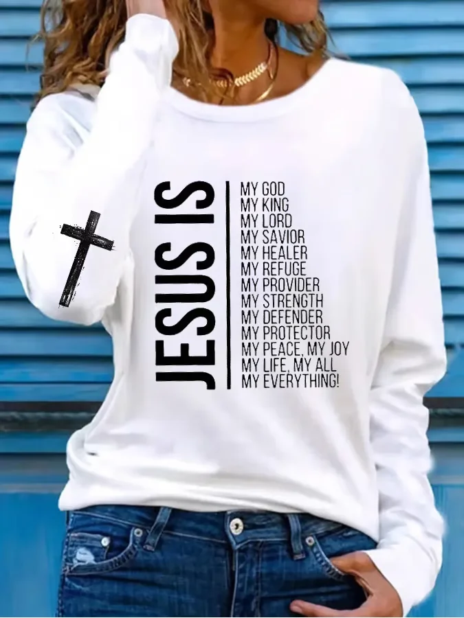 T-shirts Décontracté Printemps / Automne Croisé Imprimé Micro-élasticité Ample Manches Longues Régulier Droit pour Femmes