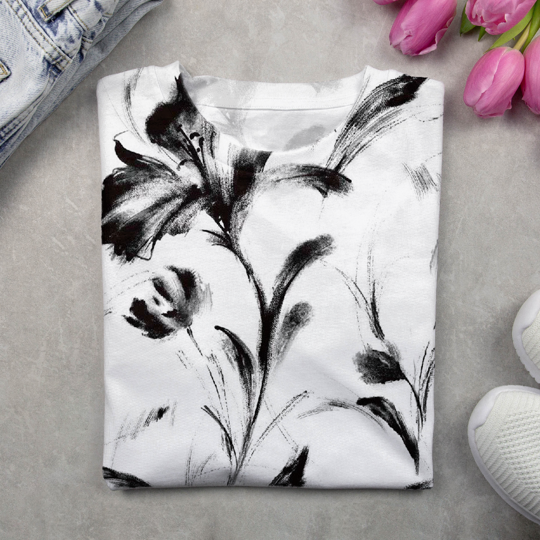 T-shirts Femmes Décontracté Floral Printemps / Automne Micro-élasticité Quotidien Manches Longues Régulier Droit Régulier