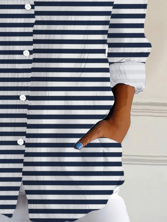 Chemises Rayé Décontracté Printemps / Automne Aucune élasticité Ample Manches Longues Régulier Boucle T.-N.-L. pour Femmes