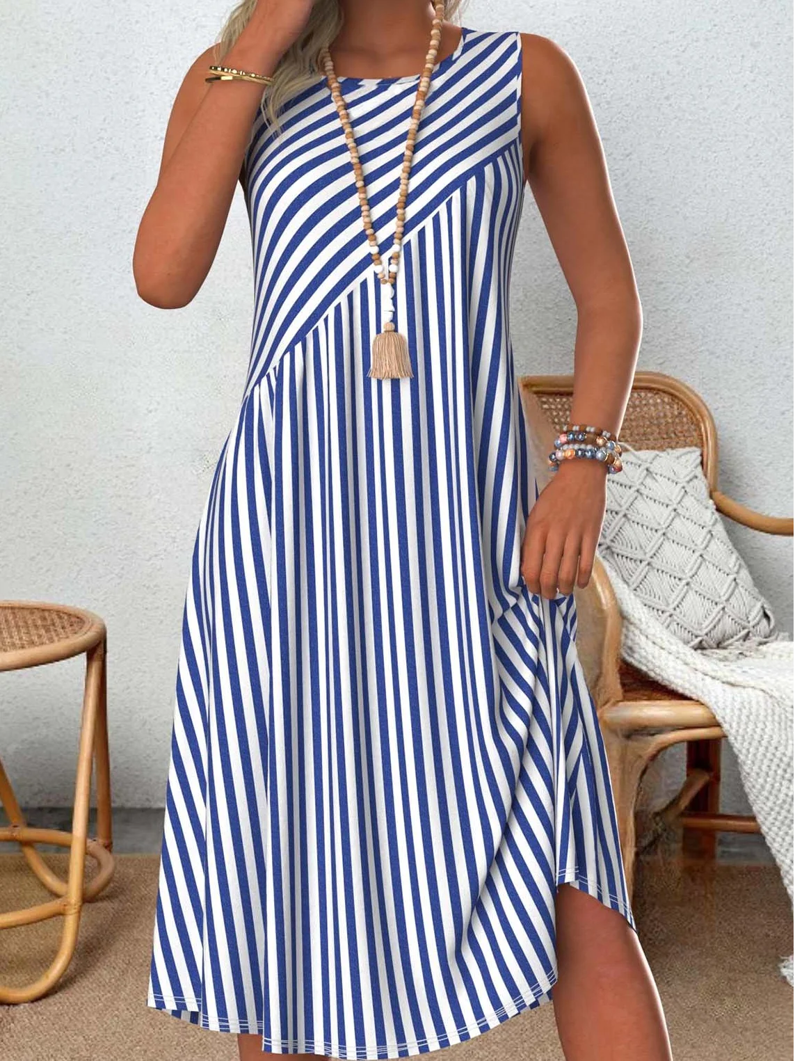 Femmes Rayé Bleu Col Rond Confortable Robe Mi-Longue Décontracté