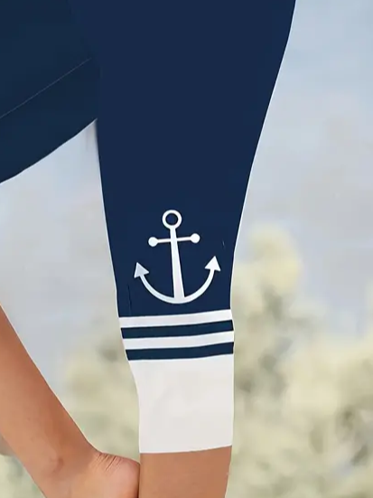 Pantalons Femmes Décontracté Été Ancre Imprimé Viscose Coupe Régulière Corsaire Droit T.-N.-L.