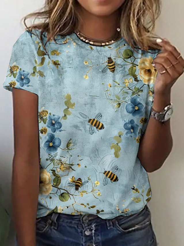 T-shirts Décontracté Floral Été Coton Micro-élasticité Coupe Régulière Sans Manches Régulier Trapèze pour Femmes