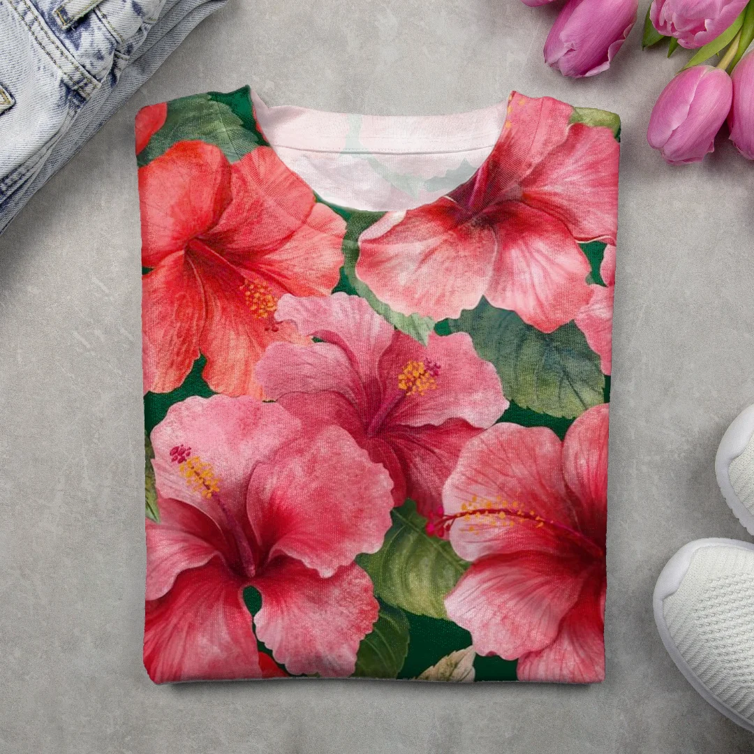 T-shirts Décontracté Floral Printemps / Automne Imprimé Ample Jersey Manches Longues Col Rond Régulier pour Femmes