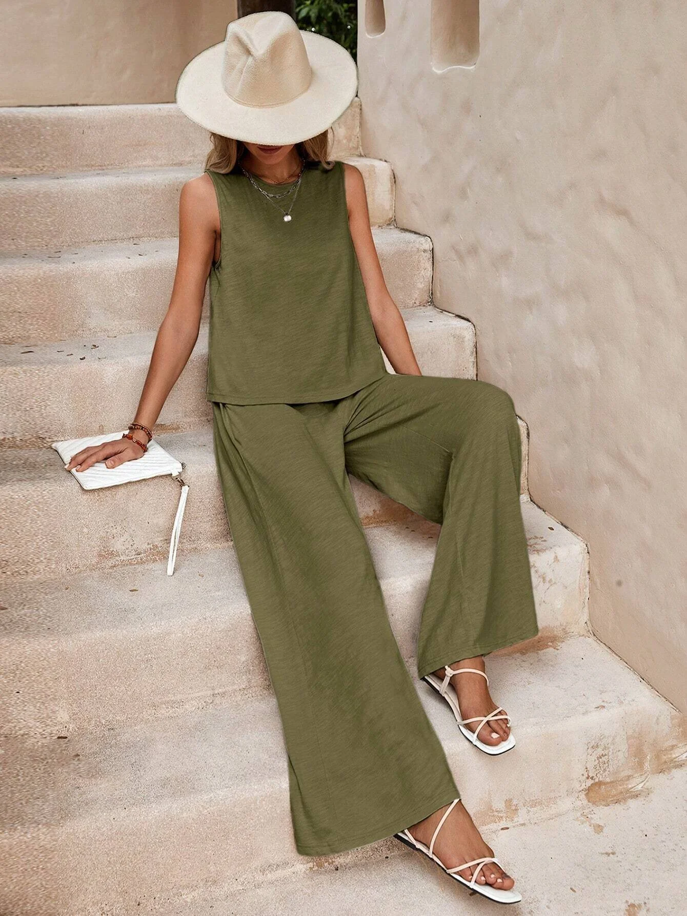 Deux Pièces Ensembles Décontracté Plain Été Polyester Micro-élasticité Sans Manches Col Rond Top Avec Pantalons Droit pour Femmes