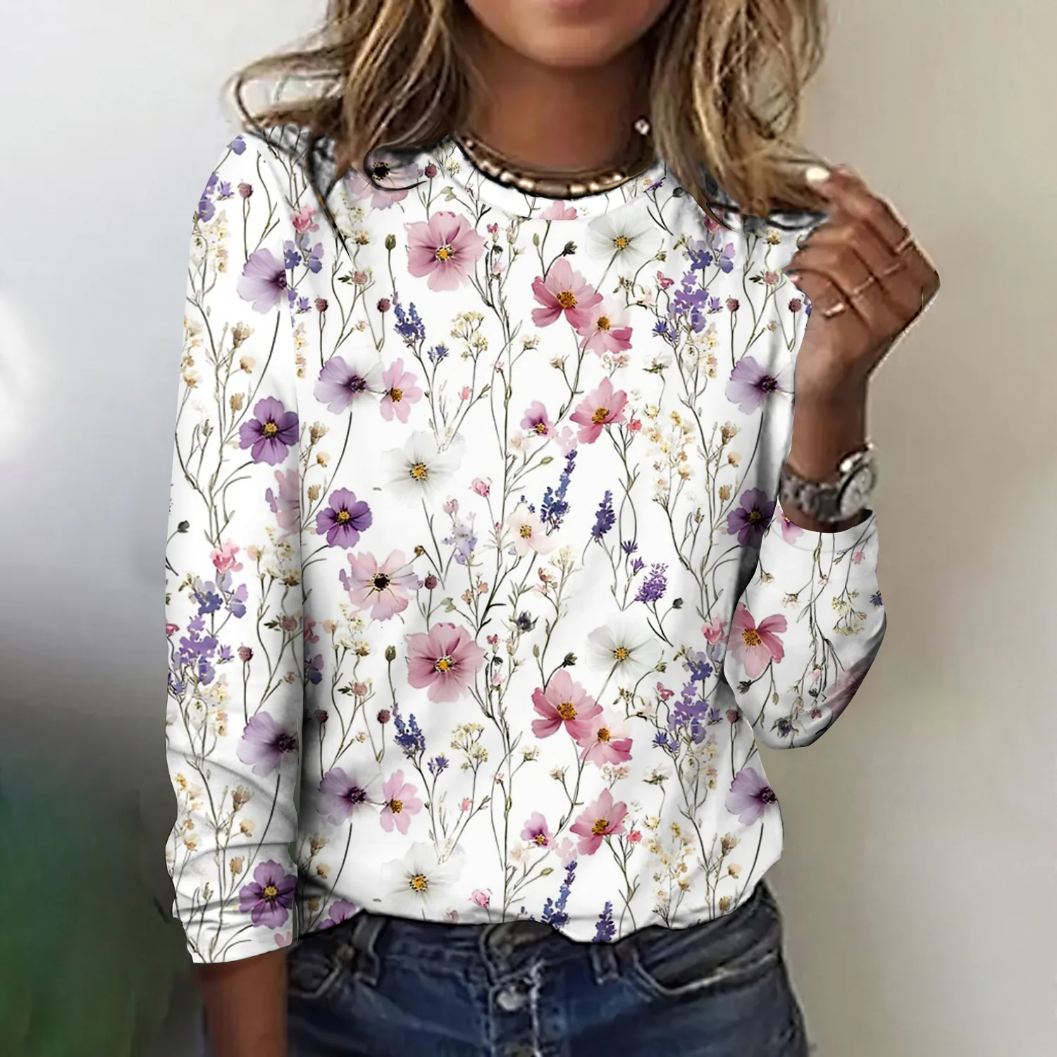 T-shirts Décontracté Floral Printemps / Automne Quotidien Coupe Régulière Manches Longues Col Rond Trapèze Régulier pour Femmes