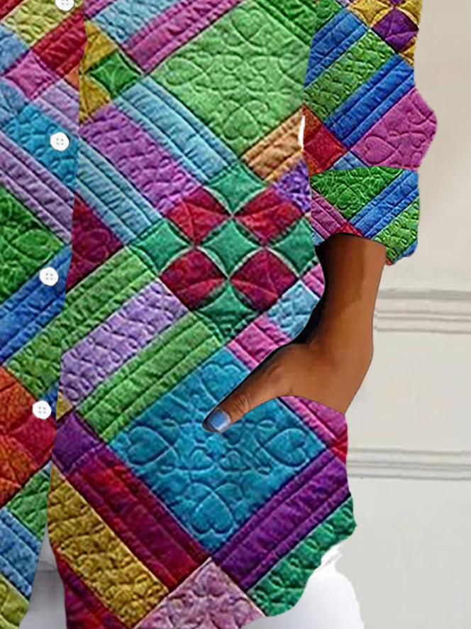 Chemises Femmes Géométrique Décontracté Printemps / Automne Aucune élasticité Ample Manches Longues Régulier Boucle Col de Chemise
