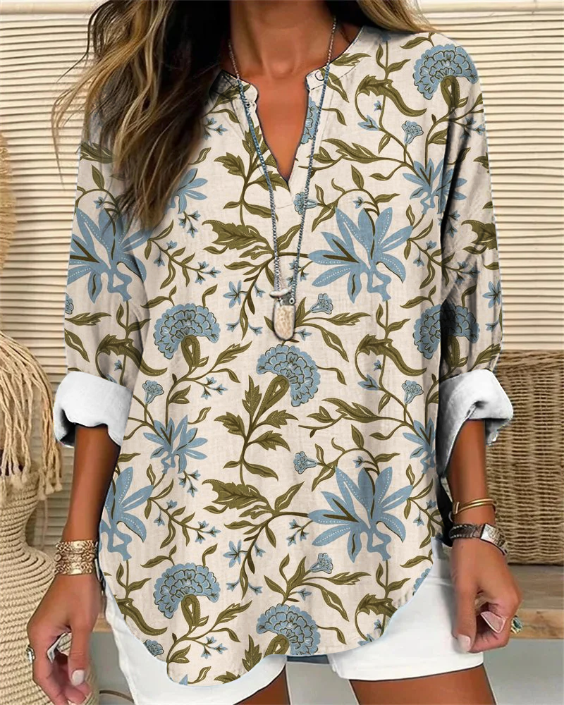 Chemises Décontracté Bloc de Couleur Printemps / Automne Col V Ample en Mélangé de Coton Régulier Trapèze Régulier pour Femmes